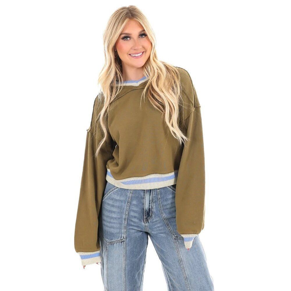 Free People Women Sweatshirt XS Green Blue Combo Sporty Rio Crop V Neck Pullover